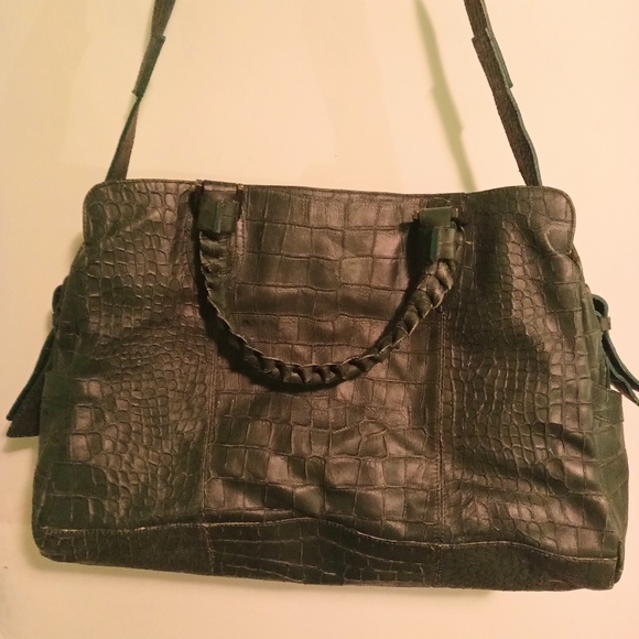 VTG FALOR Rare Green Crock Genuine Leather Handbag Italy Travel Shoulder Bag